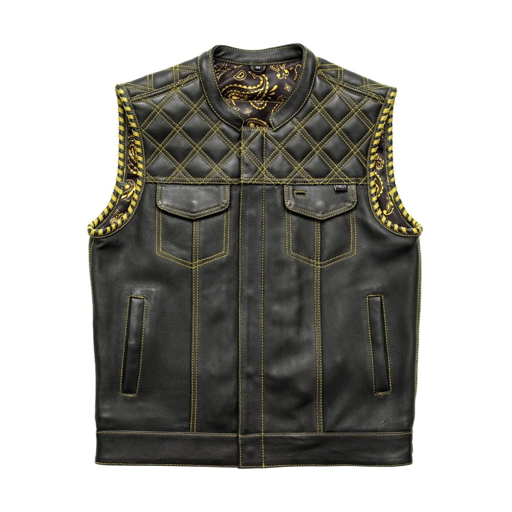 Hunt Club Style Yellow Stitched Men Motorcycle Concealed Carry Biker LeatherVest